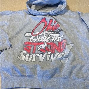 Gray Graphic Hoodie with Red and White Design